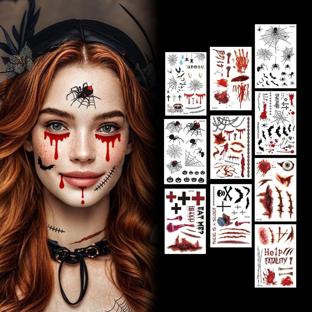 Ronte - Halloween tatoeages littekenmake-up 10 vellen volwassenen carnavalskostuum gezichtsstickers zombie vampier heksen horror littekens wonden griezelige gezichtstattoo tattoo
