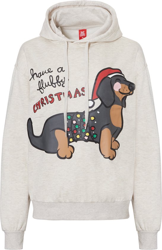 Crèmekleurige hoodie met een teckel met kerstmuts en kerstlampjes. Tekst: 'have a flubby CHRISTMAS'.