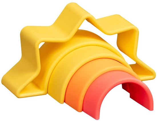 Gele stapelbare figuren in de vorm van een zon, met oranje en rode bogen eronder.