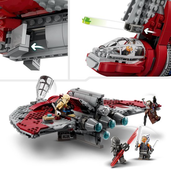 Close-up van de LEGO Star Wars T-6 Jedi Shuttle. De cockpit en luiken zijn open. Minifiguren Ahsoka Tano, Sabine Wren, Professor Huyang en Marrok zijn inbegrepen.