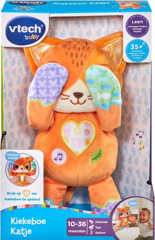 Oranje VTech Baby Kiekeboe Katje knuffel met hartvormige lamp en paarse en groene pootjes met hartjes- en visjespatroon.