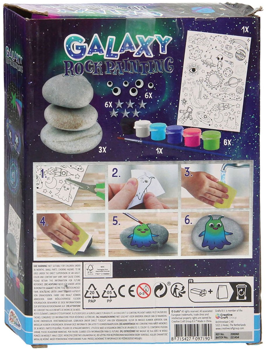 Grafix Galaxy Rock Painting - Set voor Happy Stones met 3 stenen, 5 kleuren verf, zilveren sterren en stickervel - Creatief speelgoed voor kinderen vanaf 5 jaar - Inclusief kwast — afbeelding 3