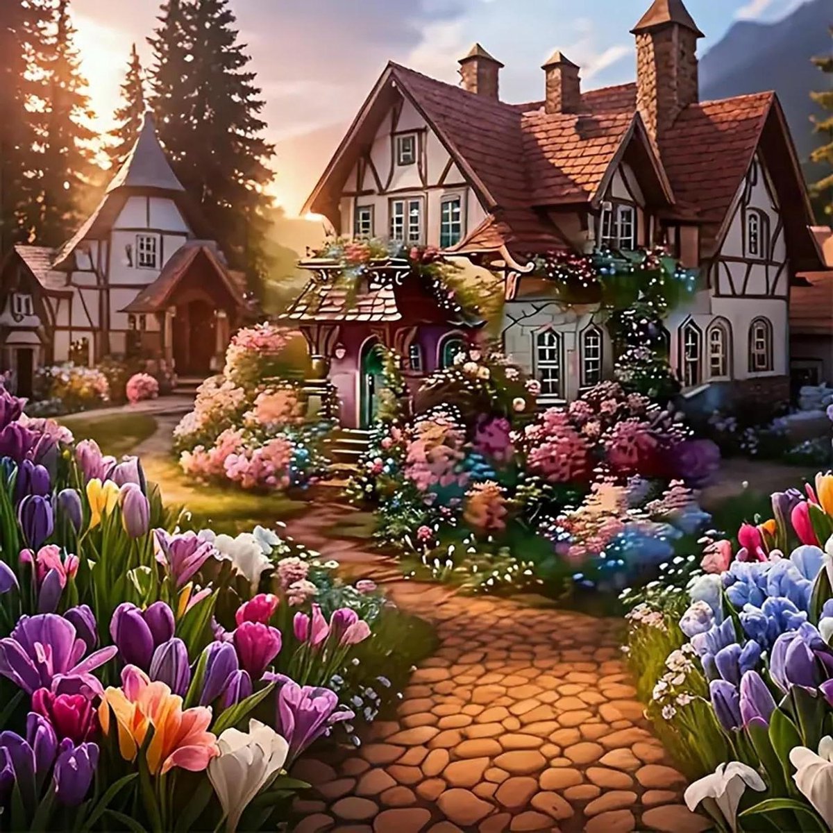 Ronte - Diamantschilderij Huis Bloemen Landschap Set Beginners