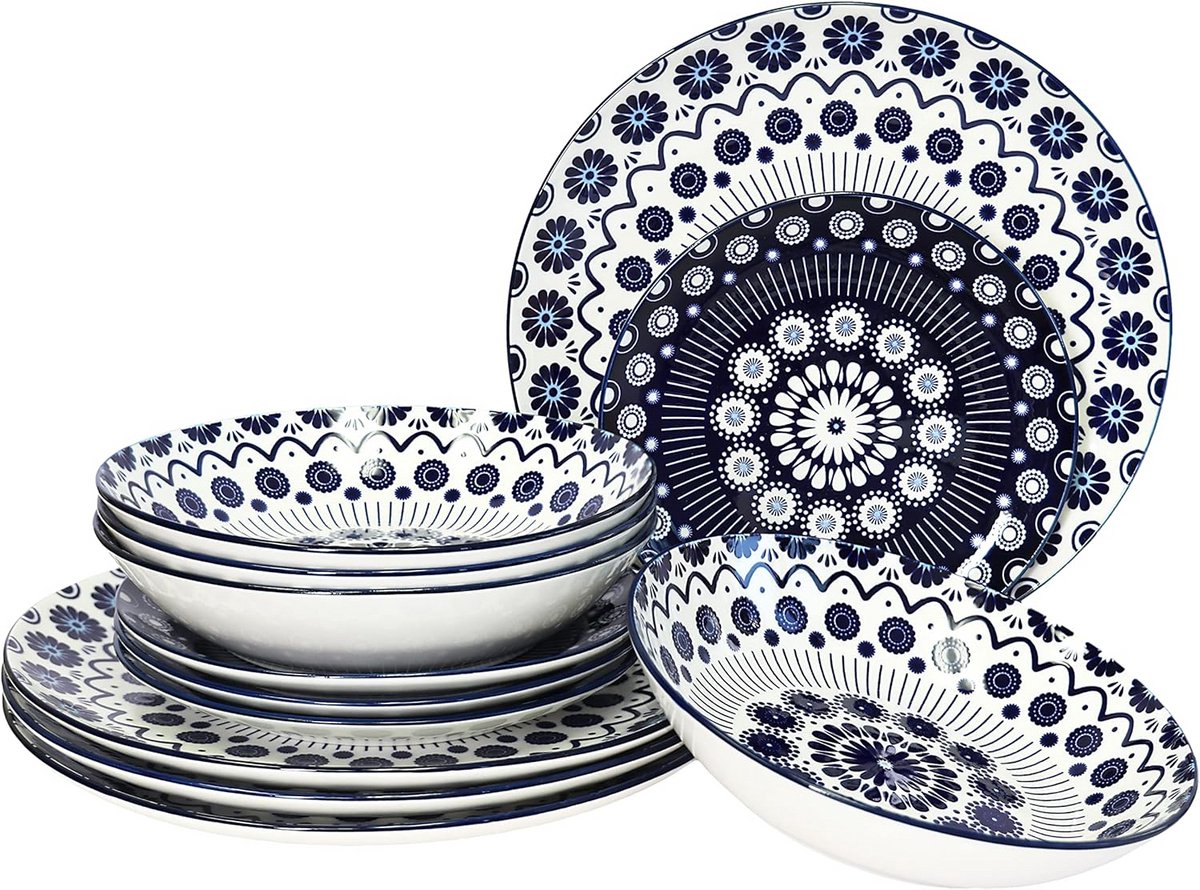 12-delig servies set steengoed borden en kommen voor 4 personen, porselein met stippenmotief, magnetronbestendig en chipresistent