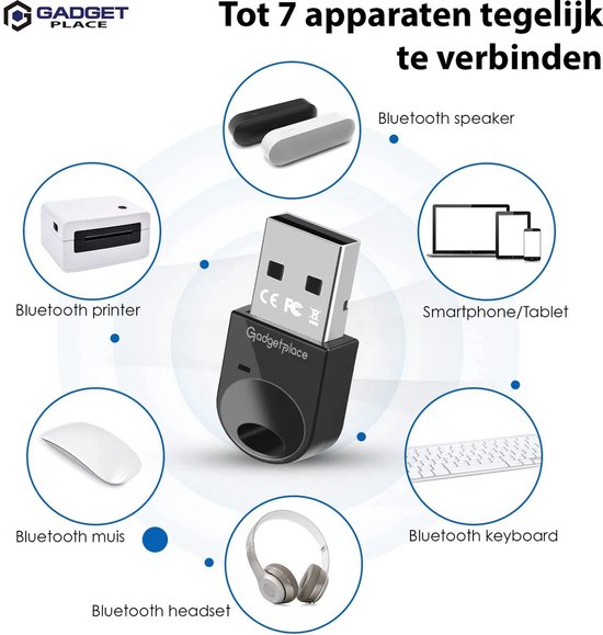 Centrale Gadgetplace USB Bluetooth adapter omringd door aangesloten apparaten: speaker, smartphone/tablet, toetsenbord, headset, muis, printer.