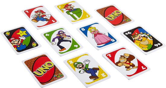 UNO Super Mario speelkaarten met Mario, Luigi, Peach, Toad, Bowser, Waluigi en Donkey Kong.
