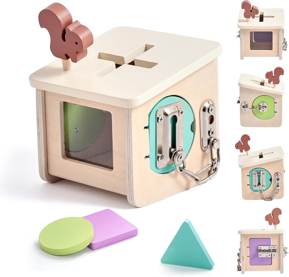 WOODEN TEETHER Montessori Motoriekkubus van hout, motoriekspeelgoed voor baby's, speelgoed voor de motoriek, houten speelgoed vanaf 1 jaar, activity center, cadeaus voor meisjes (Lock Box)