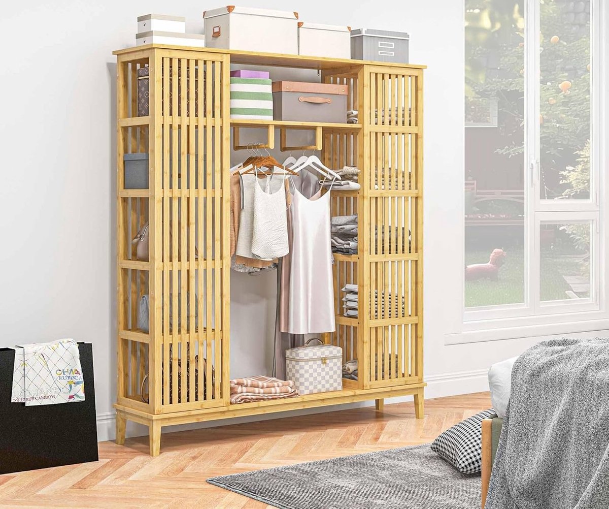 Bamboe Kledingkast met Schuifdeuren en - 145x35x165 cm - Open Planken – 145×35×165 cm - Medahomestore