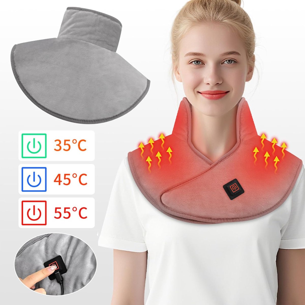 warmtekussen oplaadbaar- Verwarmingskussen-Nekverwarmingskussen - Draagbaar - Winterverwarming - Elektrisch nekverwarmingskussen - Schouder- en nekondersteuning - Verwarmde nekwarmer - Drie temperatuurstanden - USB-voeding (grijs - 43*40cm) thumbnail 5