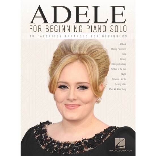 Boekcover van "Adele For Beginning Piano Solo" met een foto van Adele en een lijst met liedjes.