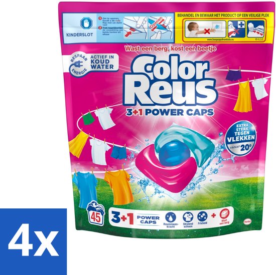 Color Reus - 3+1 Power Caps - Gekleurde Was - 45 Wasbeurten - Voordeelverpakking - 4 stuks