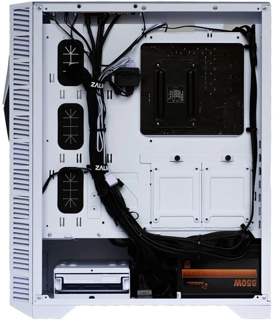 Intérieur d'une tour d'ordinateur blanche avec des câbles noirs et une alimentation de 850W.