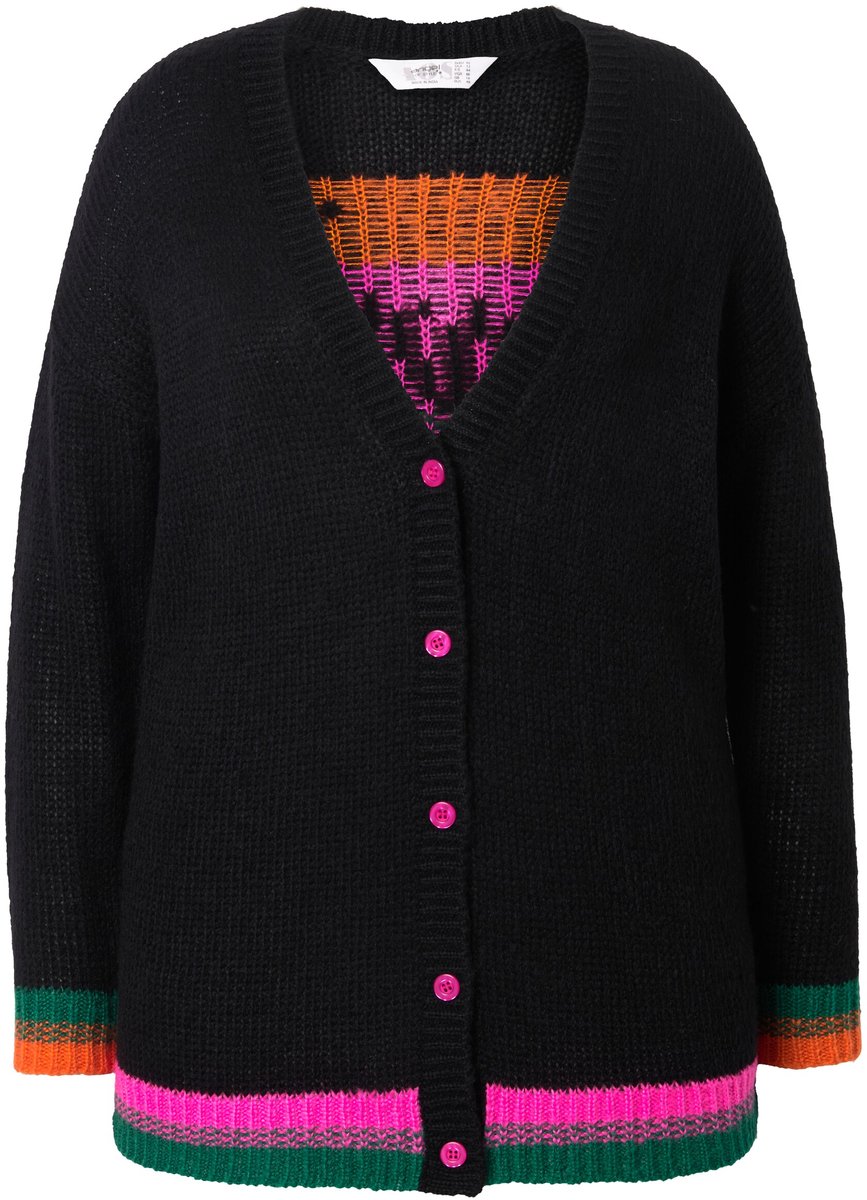 Angel of Style - Dames - Cardigan Loose Fit Happy-tekst op de achterkant - Zwart - Maat 58+