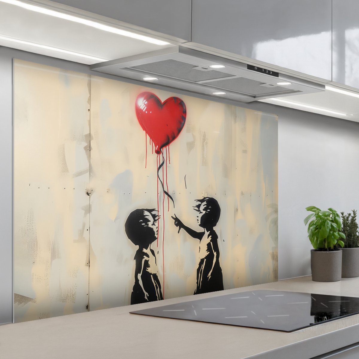 KitchenYeah Spatscherm 120x80 cm Zelfklevende achterwand Street art Banksy Ballon Graffiti Hart Keuken muurbeschermer Spatwand fornuis