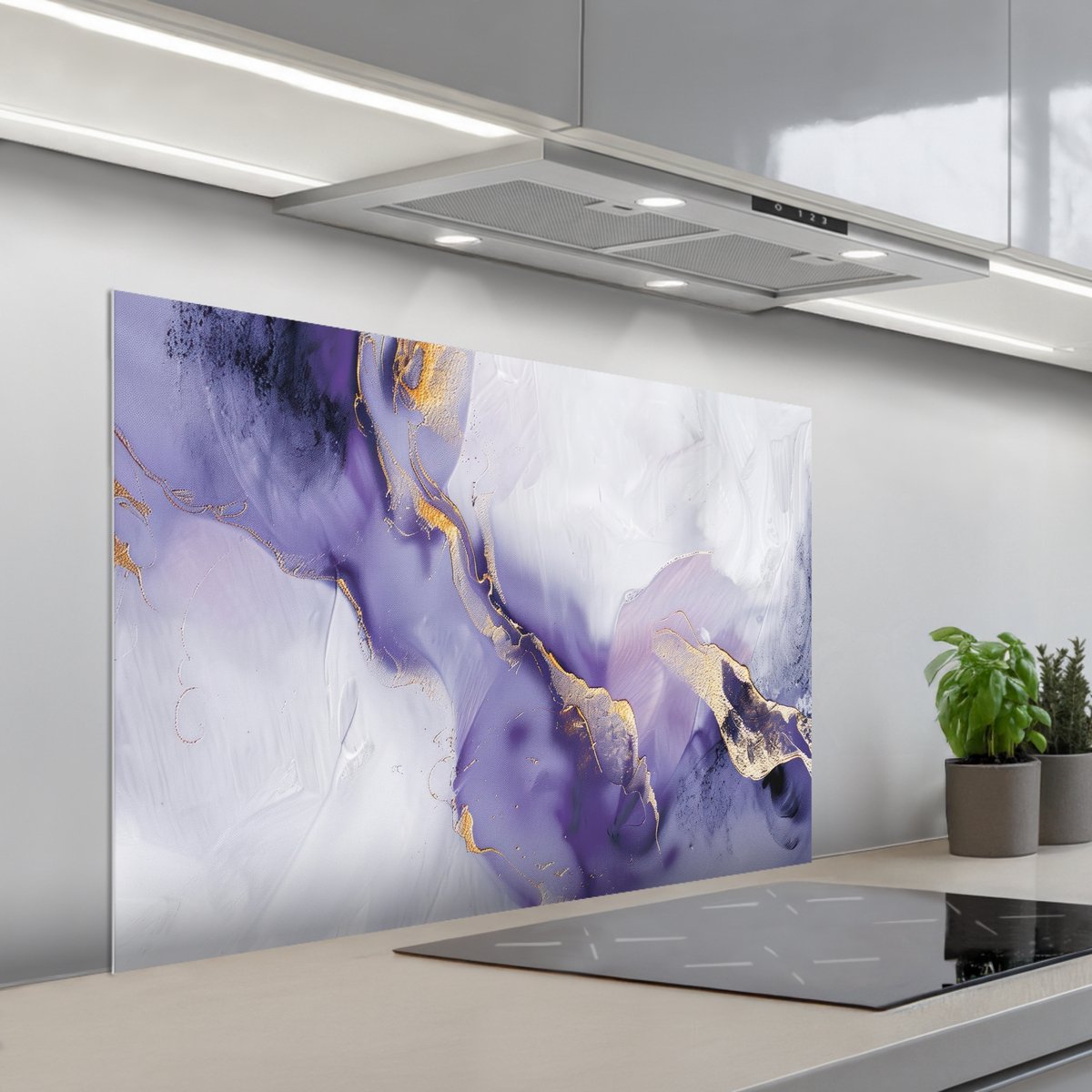 KitchenYeah Spatscherm 100x65 cm Zelfklevende achterwand Paars Modern Marmer print Abstract Keuken muurbeschermer Spatwand fornuis