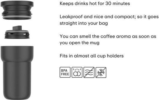 Tasse noire avec couvercle et intérieur, étanche et compacte. Sans BPA.