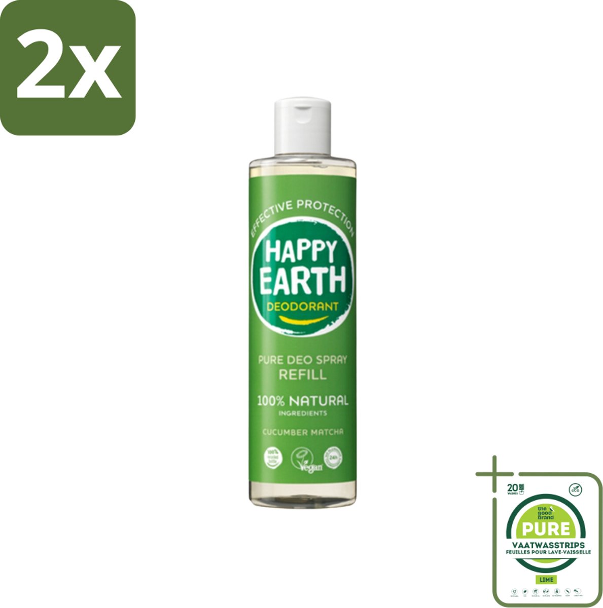 Happy Earth – Deodorant Spray Navulling – 100% Natuurlijk Cucumber Matcha – 300 ml - Voordeelverpakking - 2 stuks - Deodorant - Frisheid