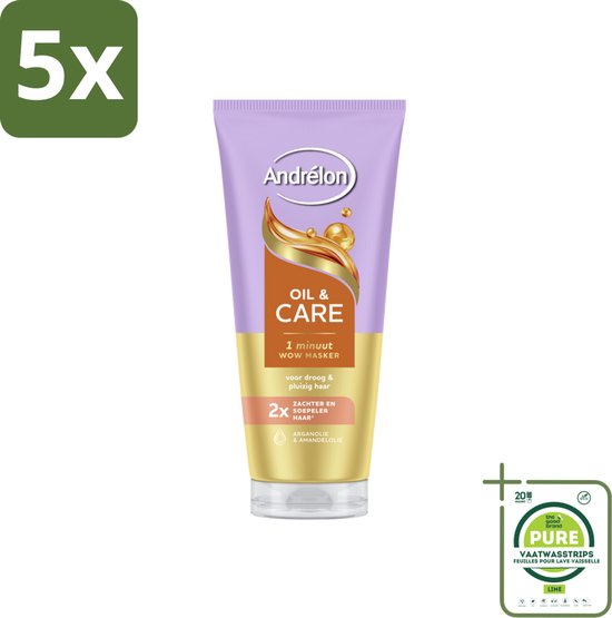 5 x Andrélon – Haarmasker WOW – Oil & Care – 180 ml - Grootverpakking - Haarmasker - Haar Verzorging - Droog Haar - Pluizig Haar - Arganolie