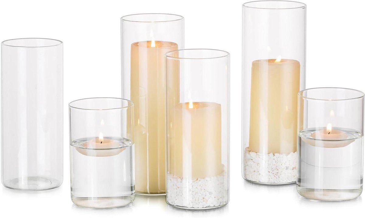 Provento - Set van 6 kaarshouders voor waxinelichtjes, drijvend en als orkaan glazen kaarshouders voor bruiloft en centrepiece, inclusief bloemvazen voor decoratie van woonkamer eettafel