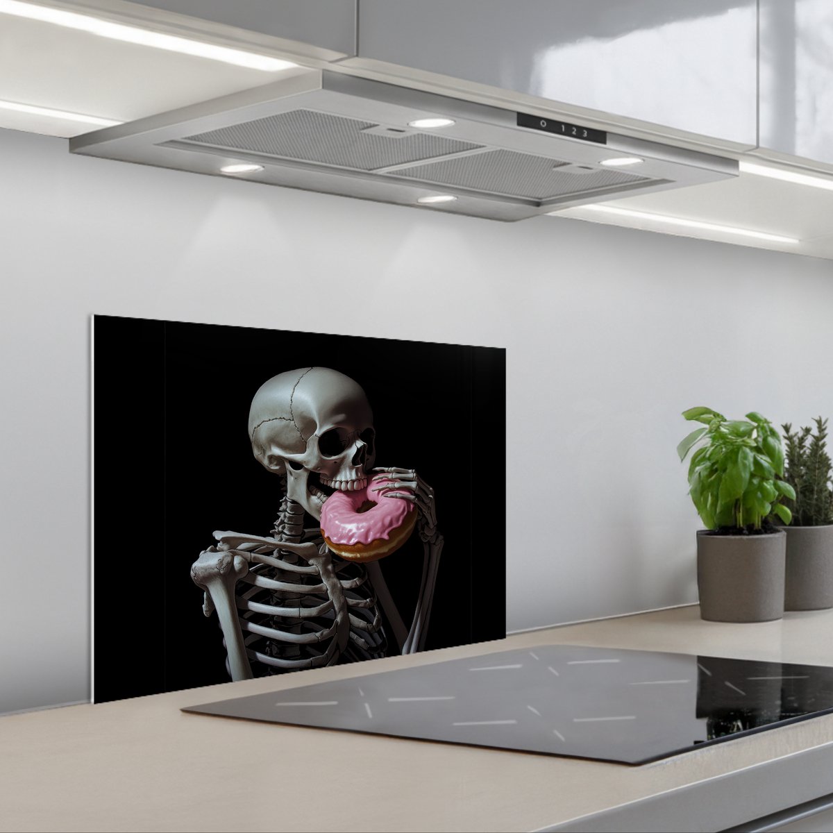 KitchenYeah Spatscherm 60x45 cm Zelfklevende achterwand Skelet Donut Eten Schedel Roze Keuken muurbeschermer Spatwand fornuis