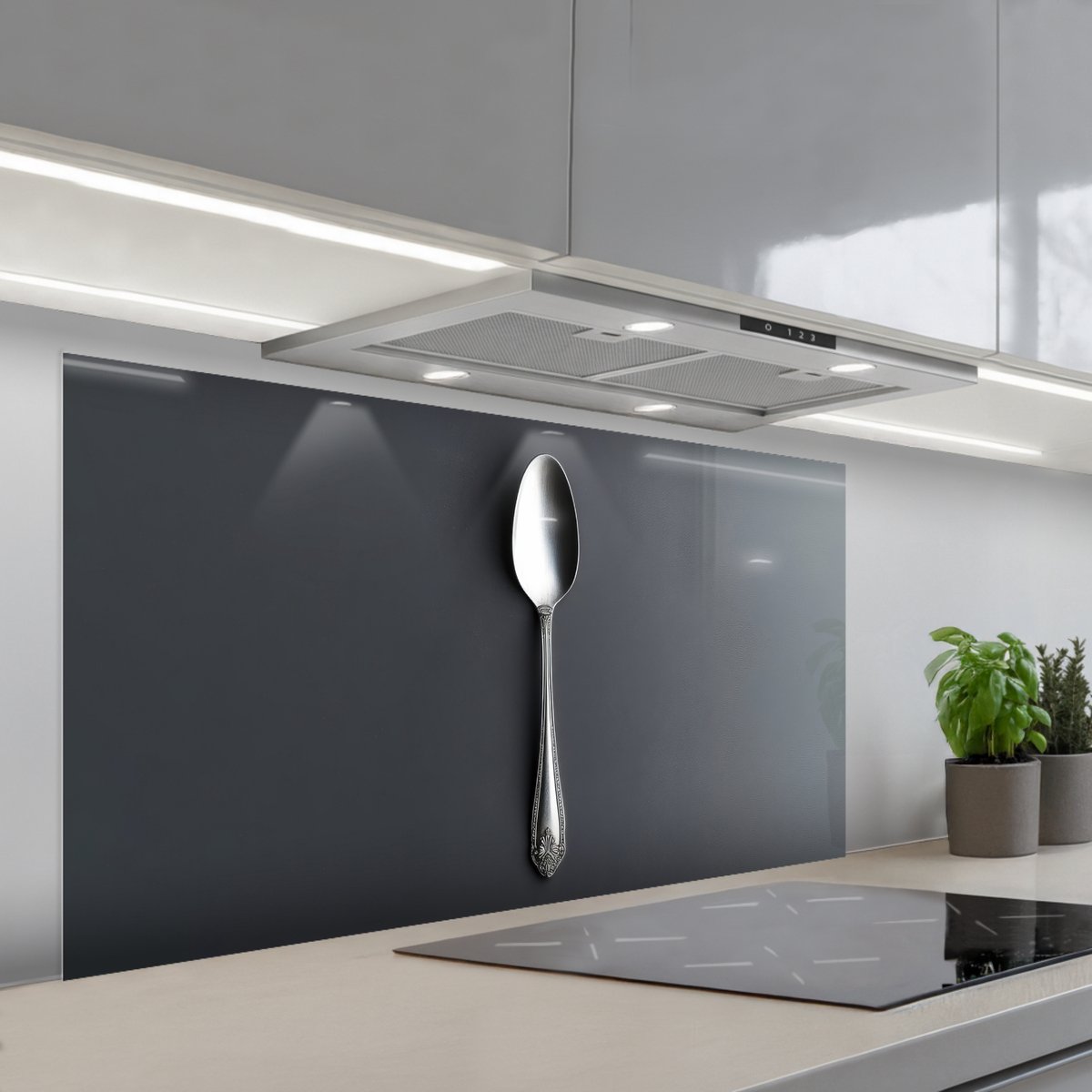 KitchenYeah Spatscherm 120x60 cm Zelfklevende achterwand Zilver Metaal Lepel Keuken muurbeschermer Spatwand fornuis