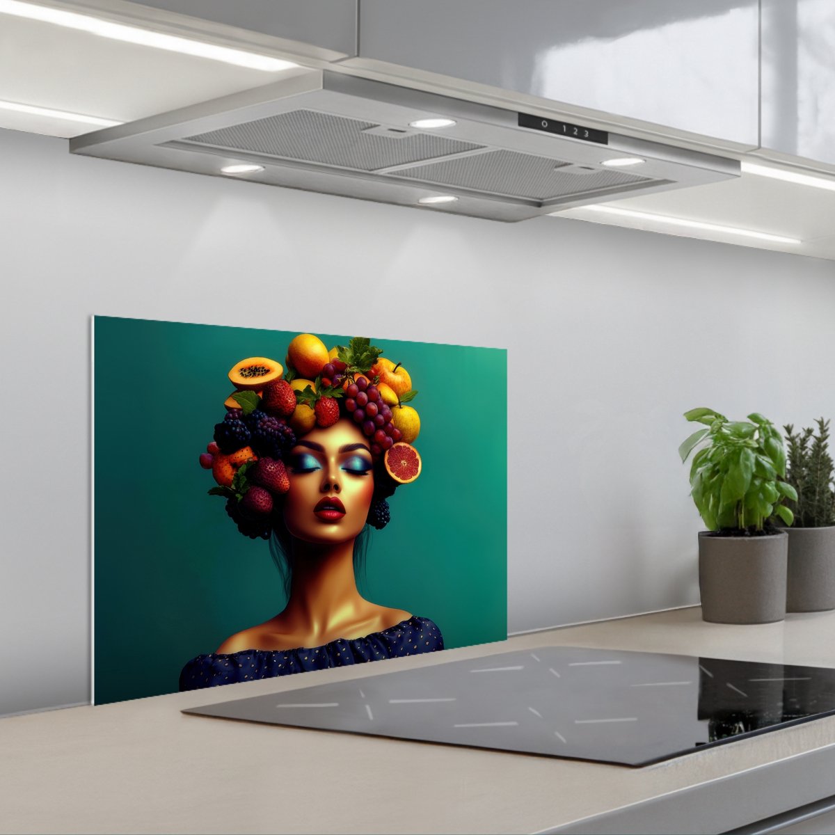 KitchenYeah Spatscherm 60x45 cm Zelfklevende achterwand Vrouw Hoodtooi Tropisch Fruit Druiven Keuken muurbeschermer Spatwand fornuis