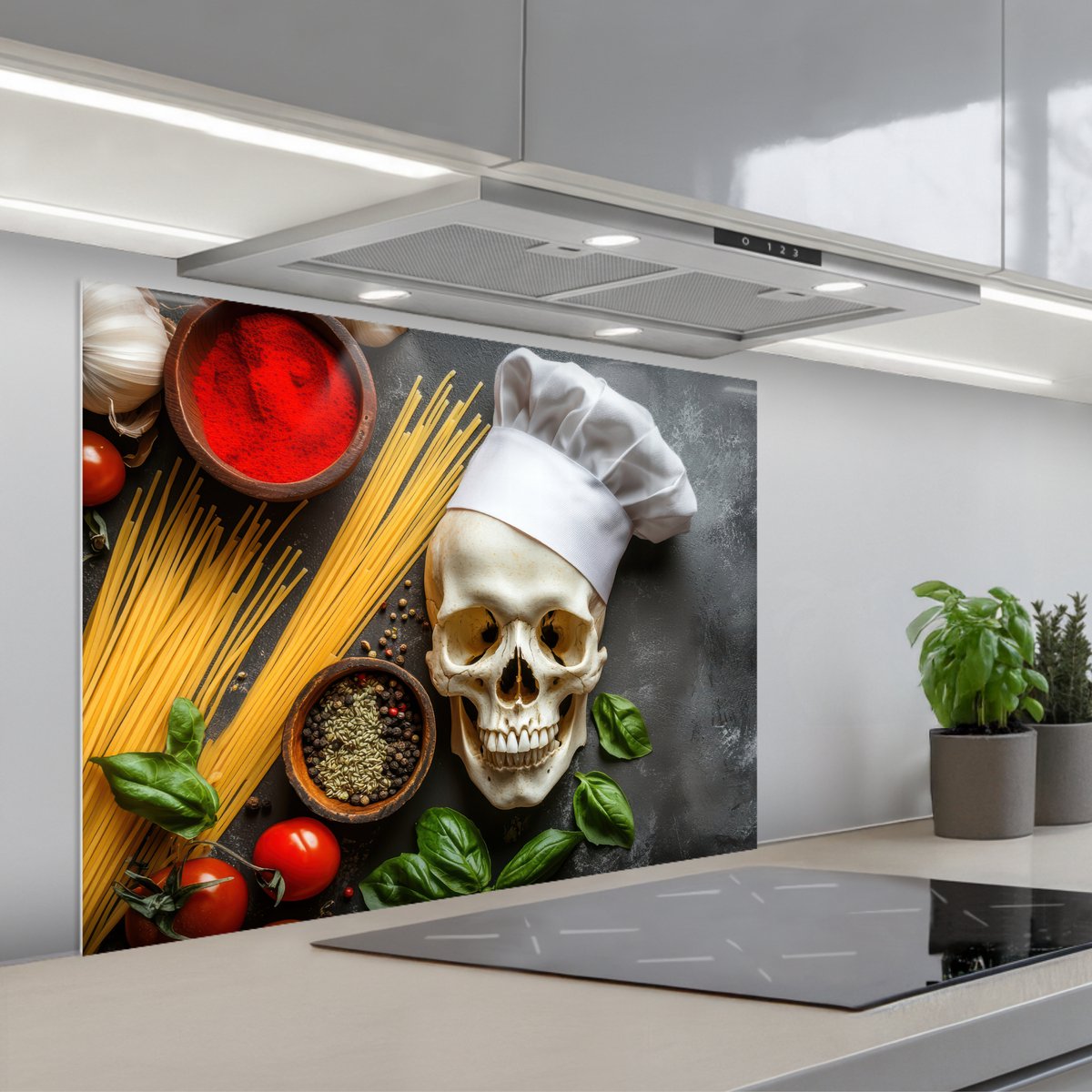 KitchenYeah Spatscherm 80x60 cm Zelfklevende achterwand Skelet Kruiden Eten Schedel Kok Keuken muurbeschermer Spatwand fornuis