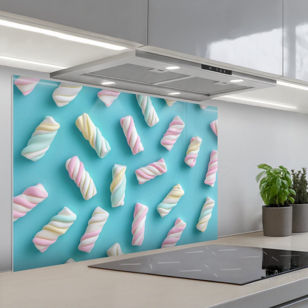 KitchenYeah Spatscherm 90x60 cm Zelfklevende achterwand Spekjes Pastel Snoep Blauw Keuken muurbeschermer Spatwand fornuis