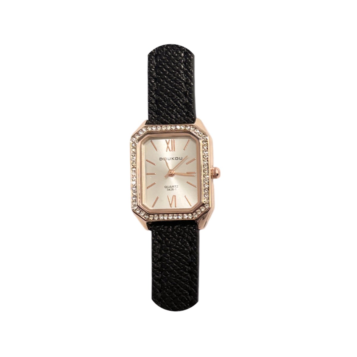 Doukou Strass Horloge - Zwart | Kunstleer | Rechthoek | Fashion Favorite