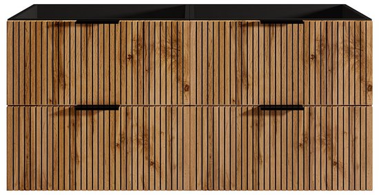 Meuble de salle de bain suspendu avec quatre portes à décoration nervurée en bois et poignées noires.
