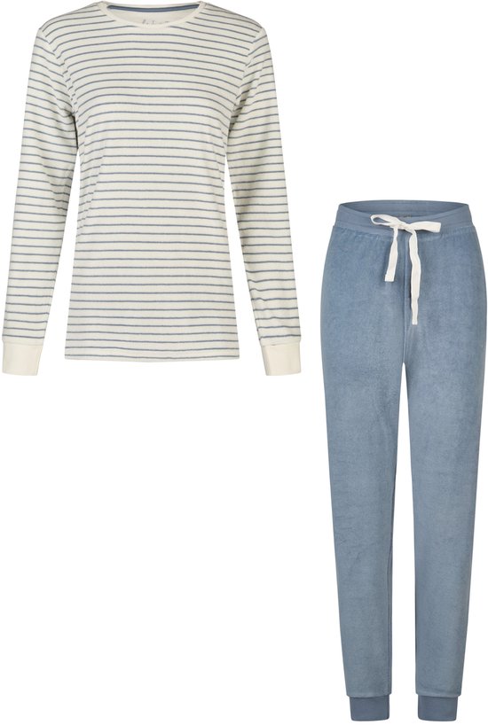 By Louise Dames Winter Pyjama Set Long Éponge Wit/Blauw Rayé - Taille M