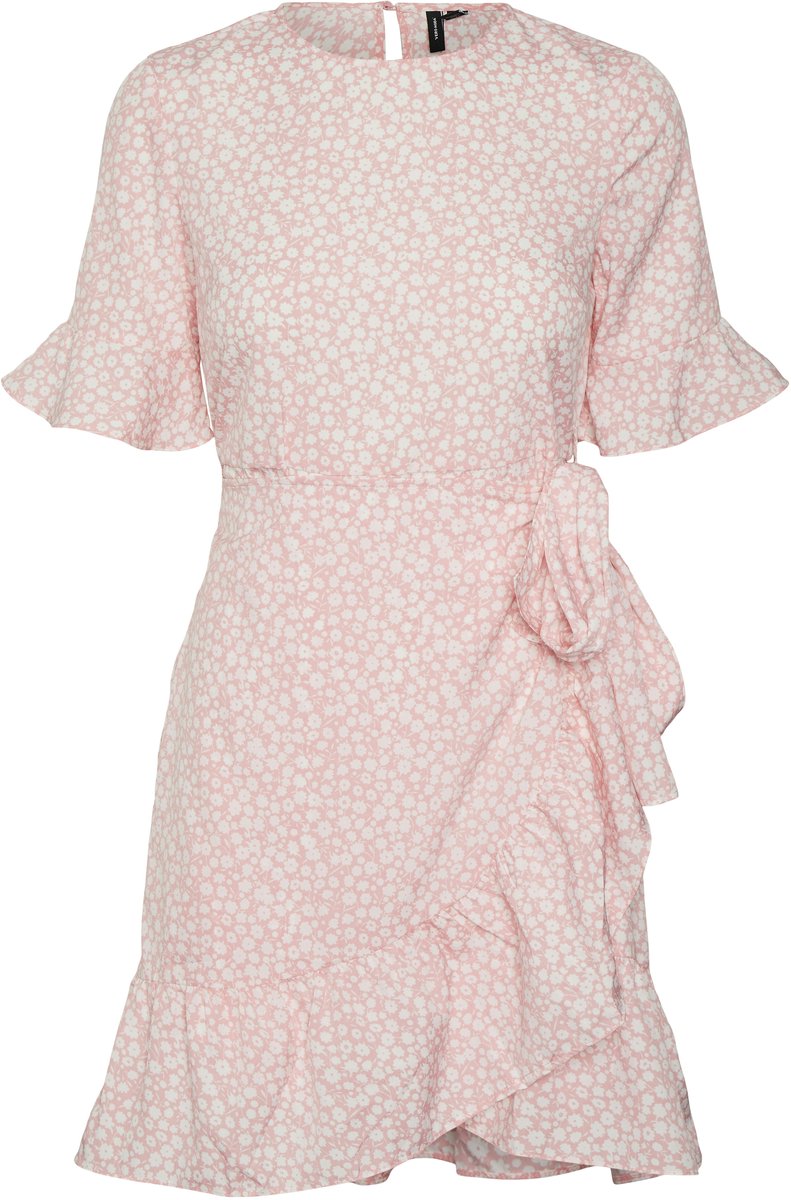 VERO MODA Dames Kort Bloemig Omslag Jurk Korte Mouw Ronde Hals Mini Jurk Dij-Lengte VMHENNA