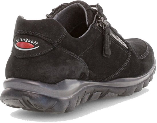 Zwarte Gabor dames sneaker, zijaanzicht met 'rollingsoft' logo op de hiel.