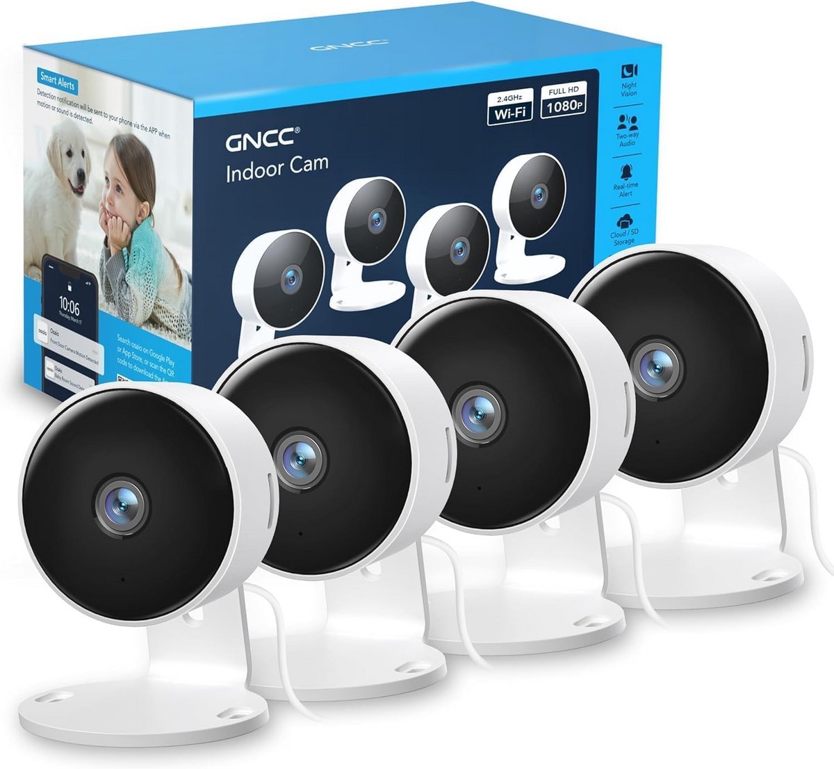 Set van 4 Binnencamera's met Nachtzicht en Wifi voor Baby- en Huisbewaking