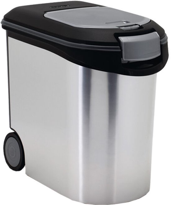 Metallic container met zwart deksel en wieltjes.