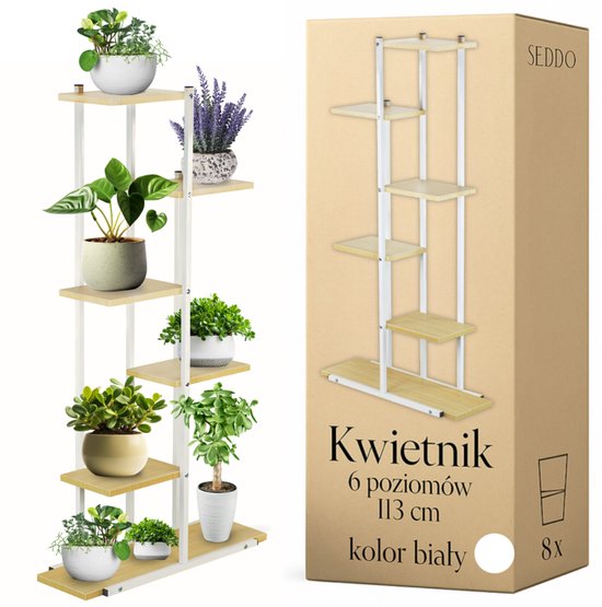 Wit plantenrek met 6 houten bladen en planten, naast de verpakking.