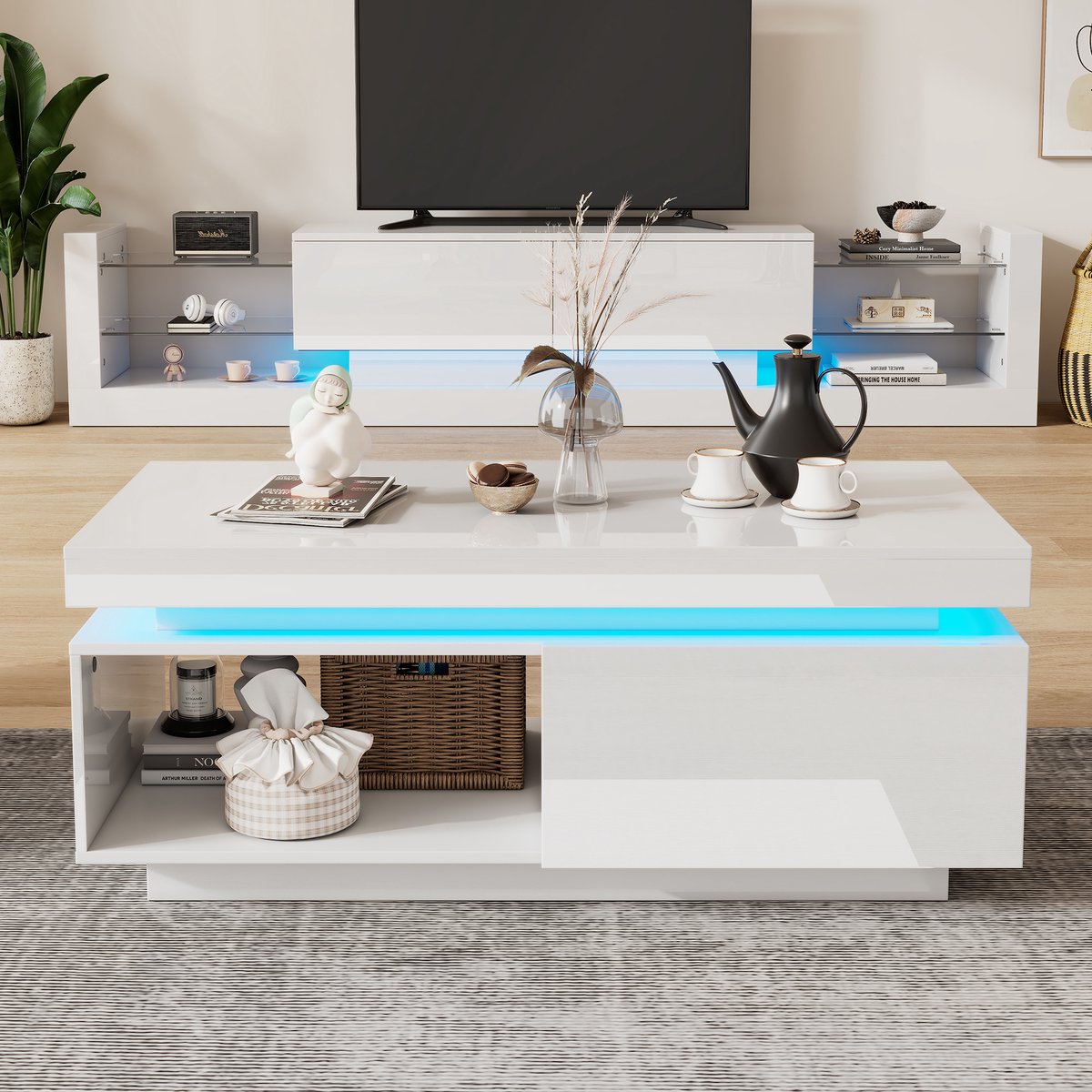 MODFU Salontafel 100x50x40,3 cm van spaanplaat in hoogglans wit met geïntegreerde LED-verlichting en lade
