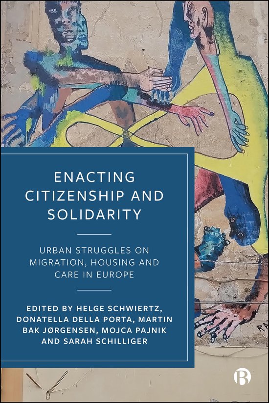 Couverture de livre avec une peinture murale de figures stylisées en bleu, vert, jaune et rose, avec le titre "Enacting Citizenship and Solidarity".