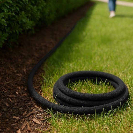Zwarte tuinslang liggend op gras en aarde, met een groen koppelstuk aan het einde.