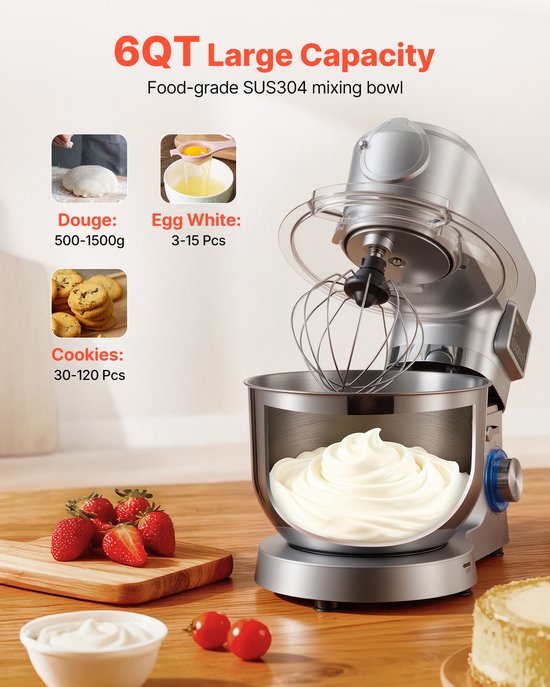 Standmixer met Een Capaciteit van 5,7 L, 1500 W Elektrische Keukenmixer, 6+P Snelheden, Kantelbaar Ontwerp, Inclusief 1,5 L Blenderbeker, Roestvrijstalen Kom, Deeghaak, Garde en Klopper voor Bakken en Mixen, Zilver van Merkloos — afbeelding 5