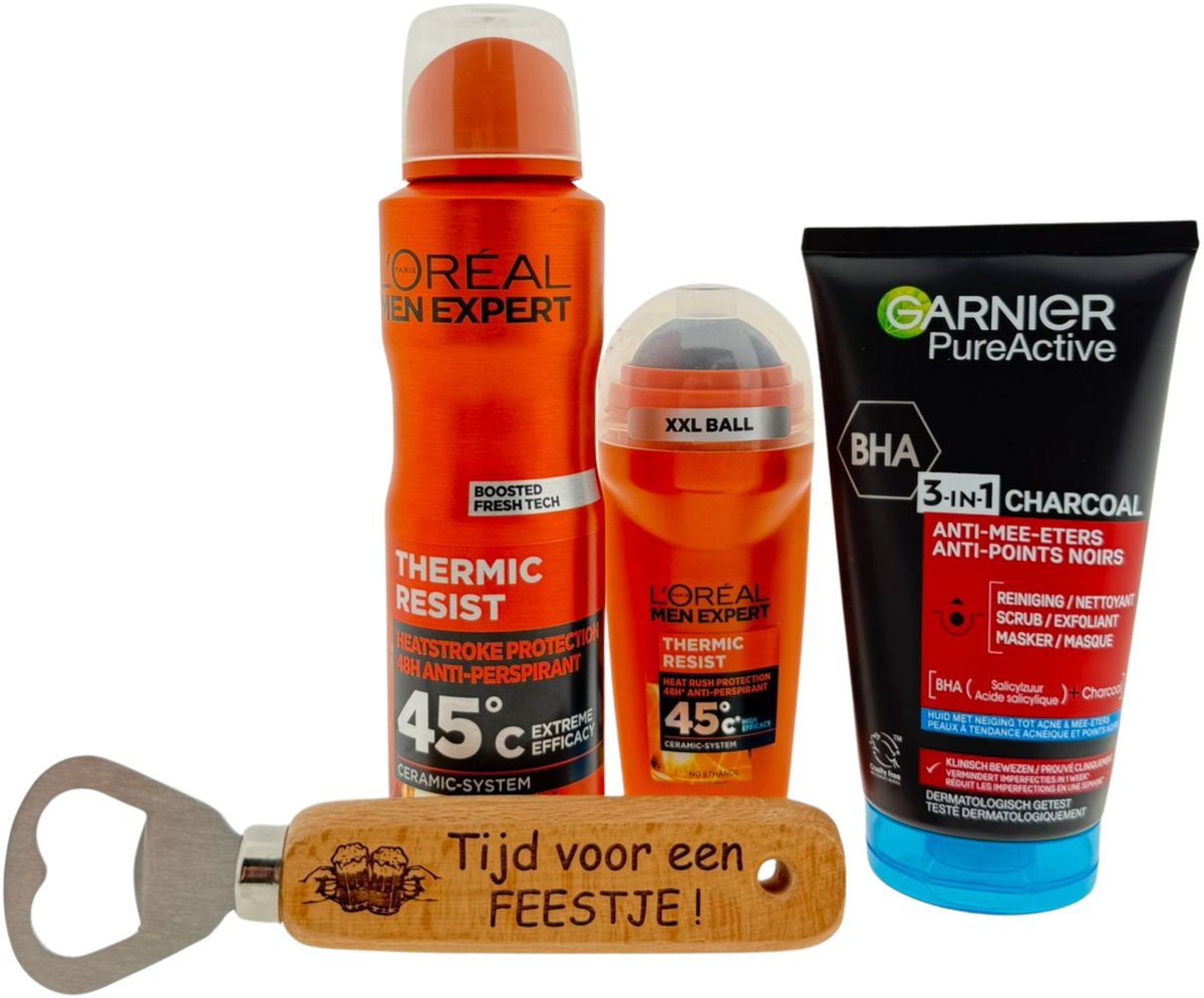 L’Oréal Men Expert & Garnier Heren Cadeauset – Deo Spray, Deo Roller & Reinigingsgel met Bieropener “Tijd voor een Feestje” – Cadeau voor Mannen