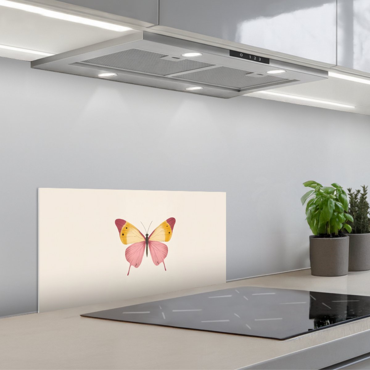 Spatscherm 70x30 cm - Zelfklevende achterwand Vlinder - Illustratie - Roze - Keuken muurbeschermer - Spatwand fornuis