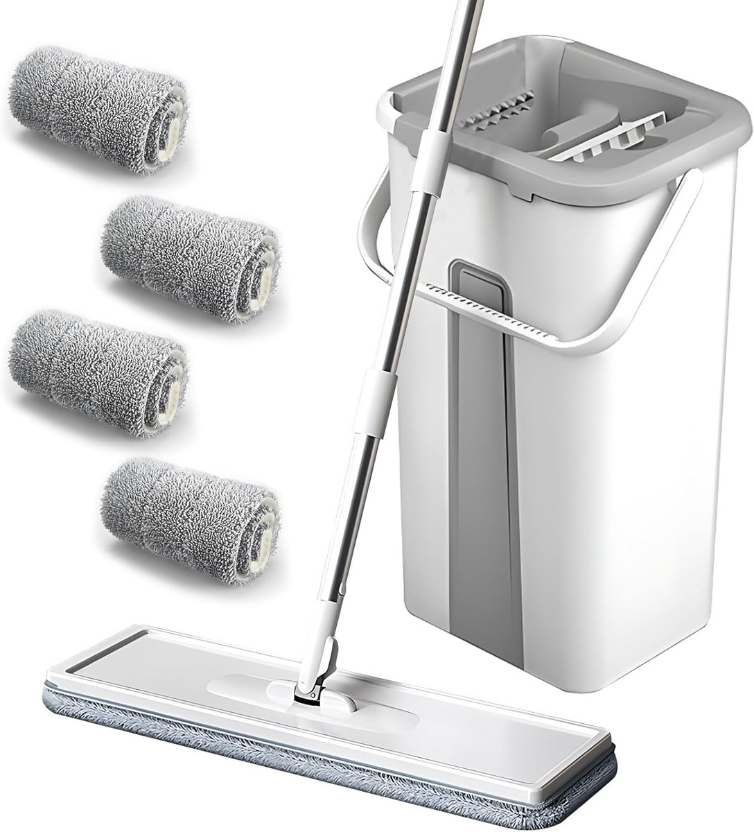 Platte Dweil met Emmerset – Microvezel Vloerdweil met 5 Herbruikbare Pads, Intrekbare Steel & 360° Draaibare Kop – Geschikt voor Laminaat, Tegels & Houten Vloeren