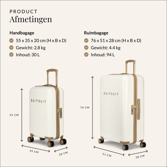 Afmetingen van witte handbagage en ruimbagage koffers met gouden details.