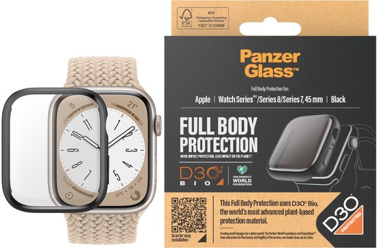 PanzerGlass Screenprotector geschikt voor Apple Watch - 45 mm Glazen | PanzerGlass Full Body Protector - Case Friendly - Zwart
