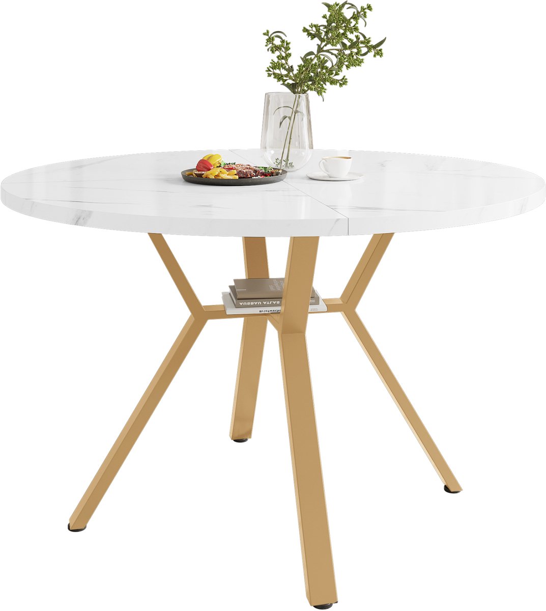 MODFU Ronde Eettafel - 100x75 cm - Wit Marmerlook - X-Vormig Goudkleurig Stalen Onderstel - Modern Design - Eettafel voor Eetkamer & Keuken Goud+Wit