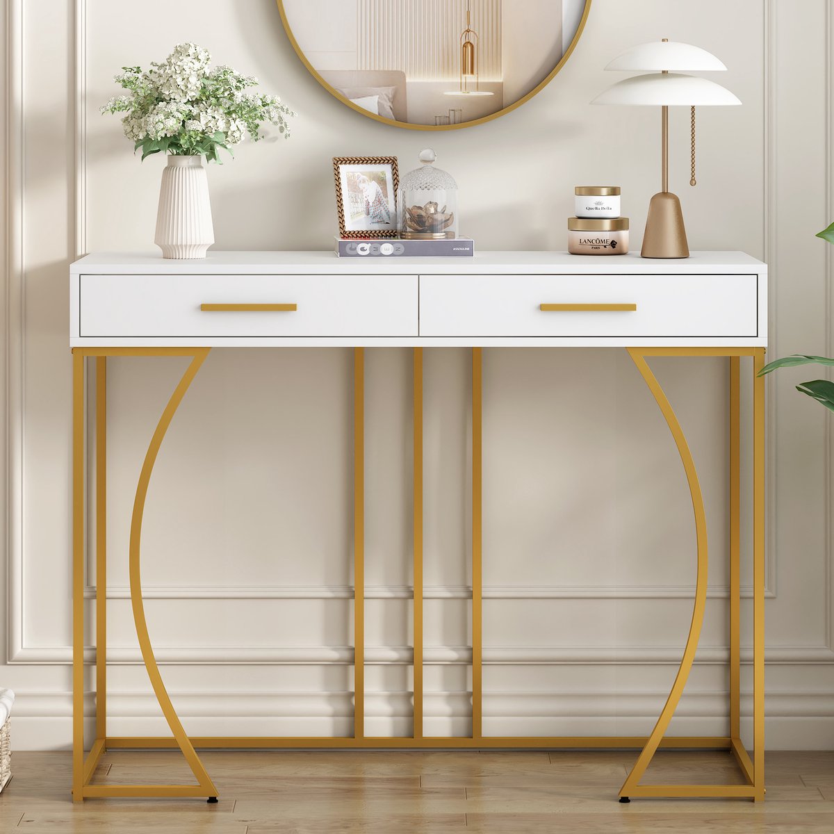 MODFU Consoletafel MDF met lade en vergulde grepen – wit, metalen frame, verstelbare poten