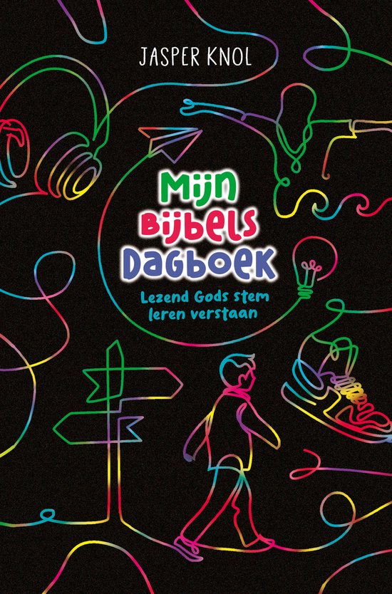 Boek "Mijn Bijbels Dagboek" van Jasper Knol, met kleurrijke lijnen van hoofdtelefoons, een vliegtuigje, een lamp en een persoon.