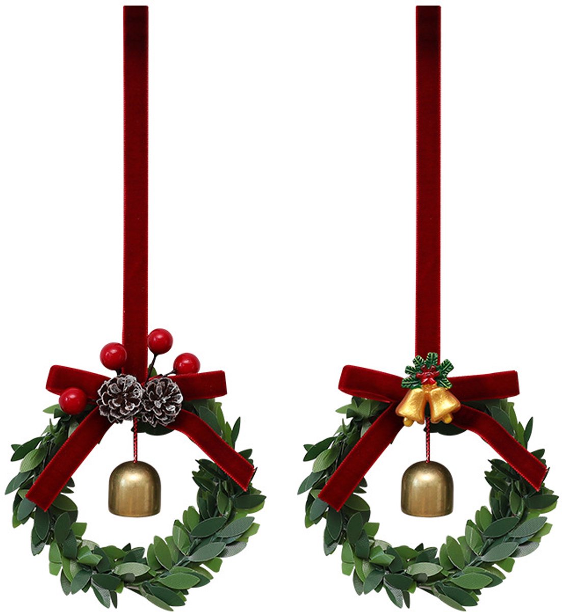 2 stuk - Kransen - Kerstkransen - Hangende decoraties voor kerstbomen, deuren of ramen - Geschikt voor traditionele feestelijke gelegenheden - Kerstversieringen - Rode bessen + groen blad - Met belletjes - Groen