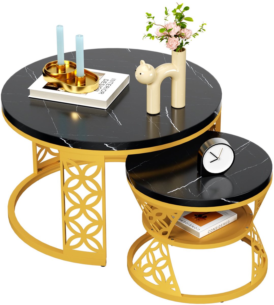 Wishdor Ronde Salontafel Set van 2 (Nesttafels) - Ø70 & Ø45 cm - Zwart Marmerlook met Goud Frame - Hotel Chique